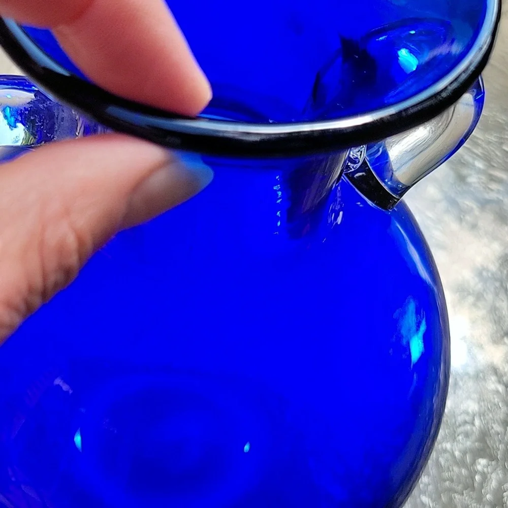 Vintage Blenko Cobalt Blue Clear Crystal Handmade Blown Glass Vase Urn Rare 8x6